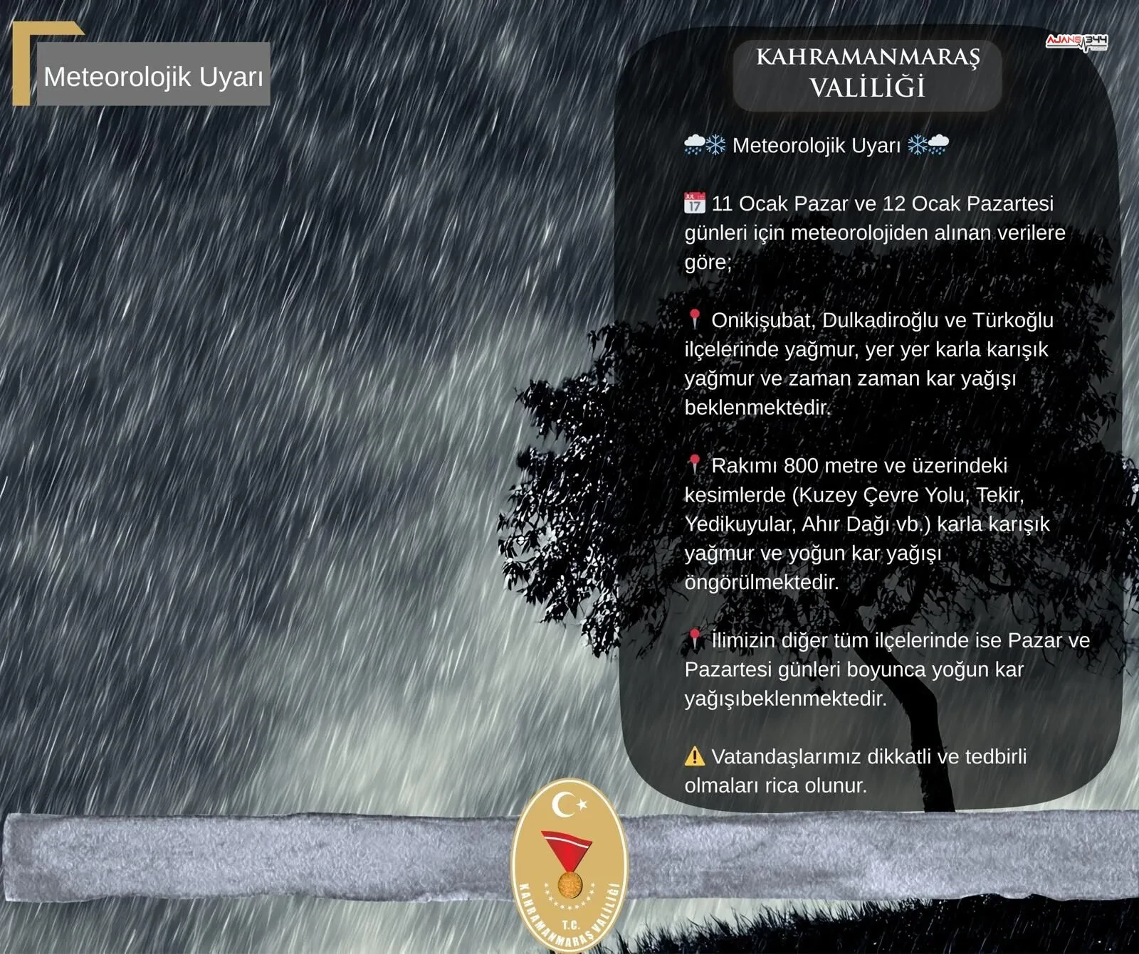 Kahramanmaras Valiliginden Kar Yagisi Uyarisi