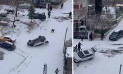 Buzlanma nedeniyle kayan araç park halindeki aracı devirdi