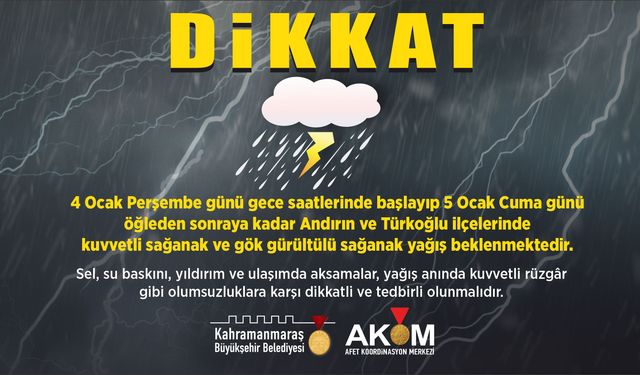 Andırın ve Türkoğlu'nda Sağanak Yağış Uyarısı!