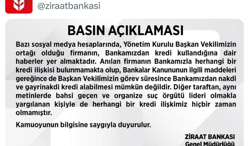 Ziraat Bankası’ndan Veysi Kaynak Açıklaması