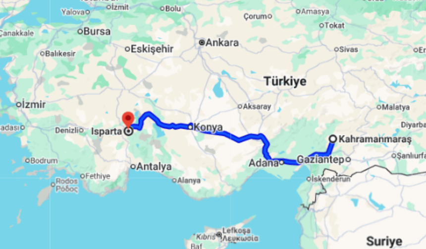 Kahramanmaraş Isparta arası kaç km?