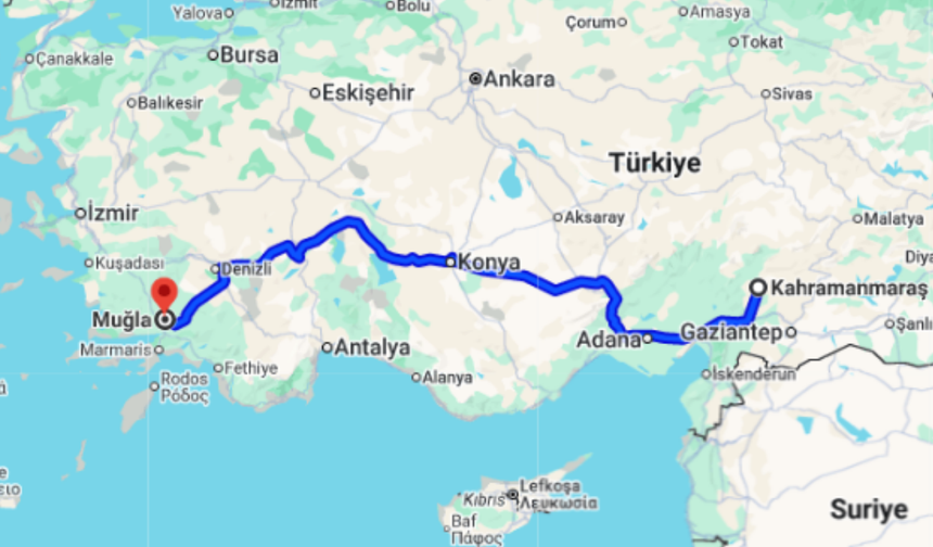 Kahramanmaraş Muğla arası kaç km?
