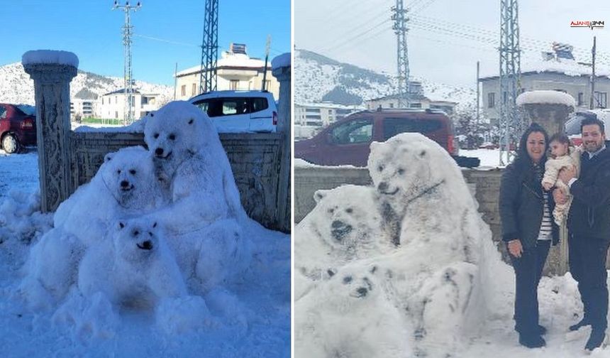 Göksun'da öğretmen ve ailesi kardan kutup ayısı heykelleriyle dikkat çekti